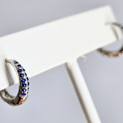 "Sapphire Huggie Hoops" .5" Earrings - Sapphire, Anti-tarnish Sterling