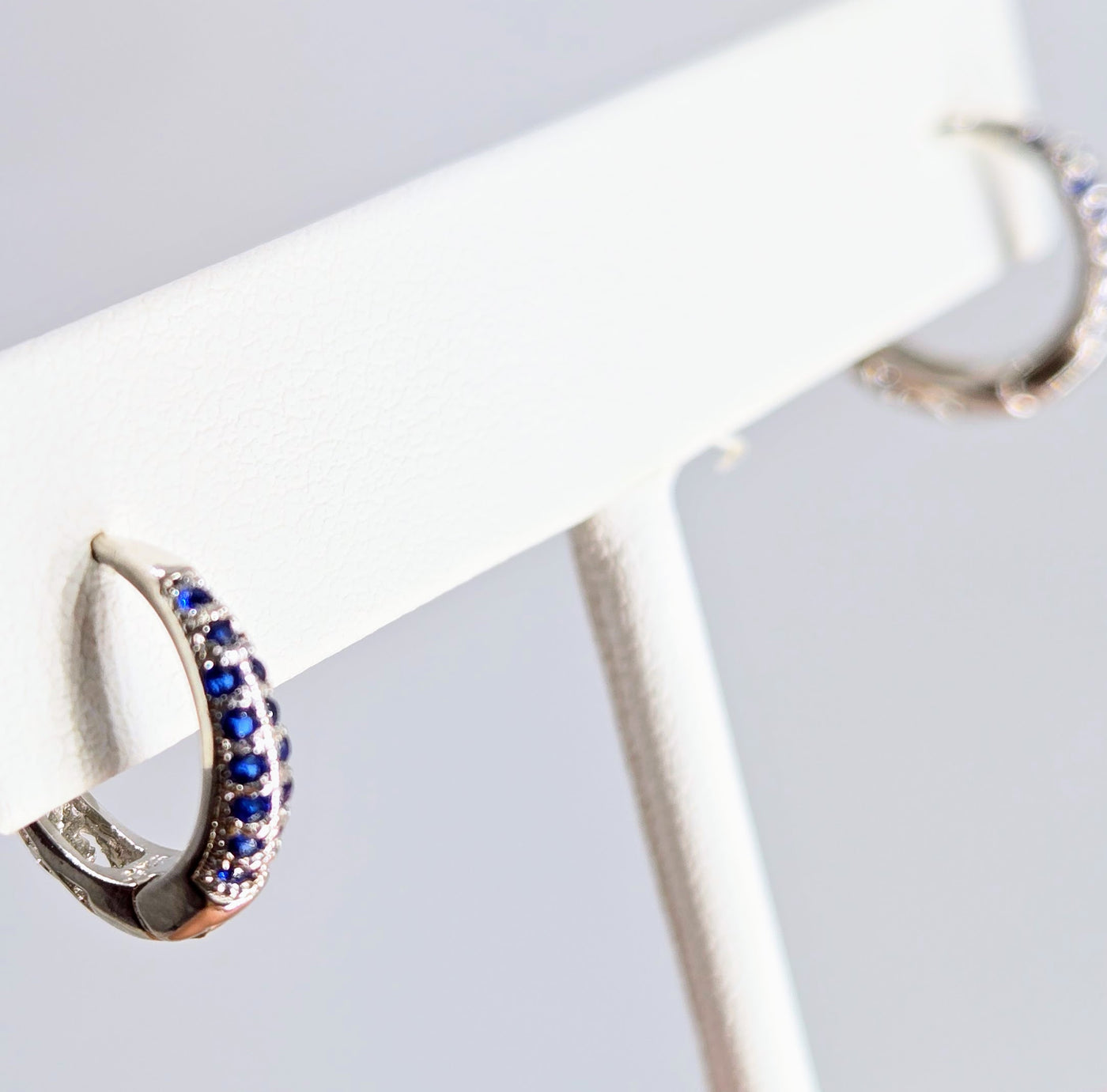 "Sapphire Huggie Hoops" .5" Earrings - Sapphire, Anti-tarnish Sterling