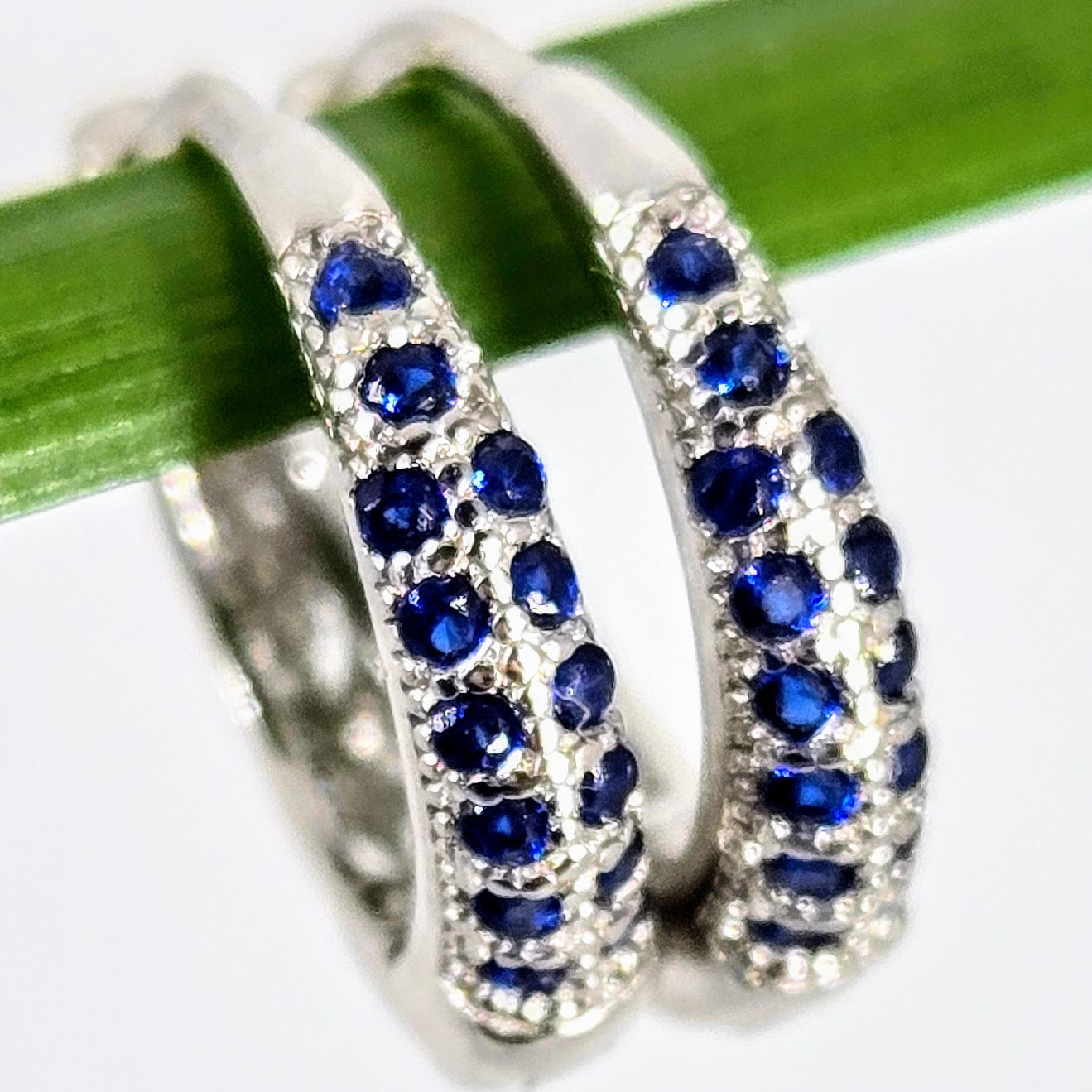 "Sapphire Huggie Hoops" .5" Earrings - Sapphire, Anti-tarnish Sterling