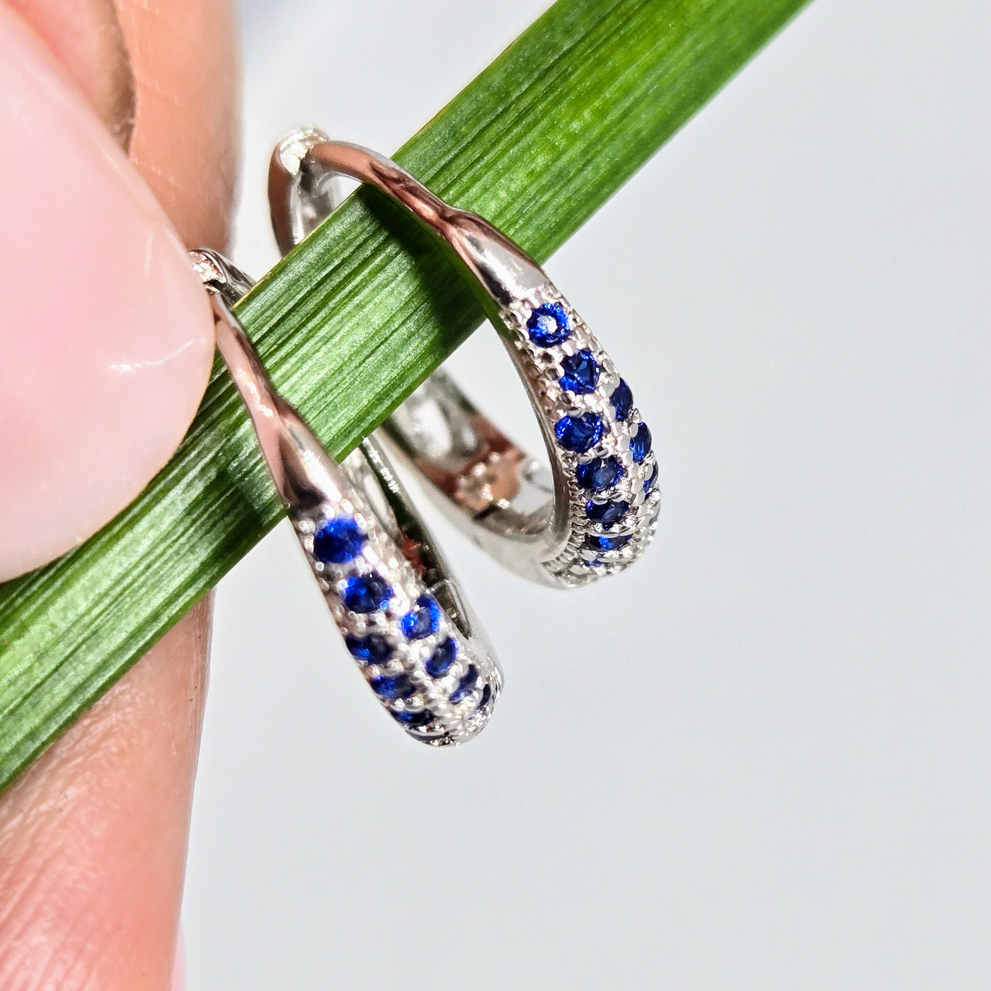 "Sapphire Huggie Hoops" .5" Earrings - Sapphire, Anti-tarnish Sterling