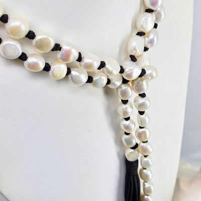 "Domino" Lariat Necklace - Pearls, Leather