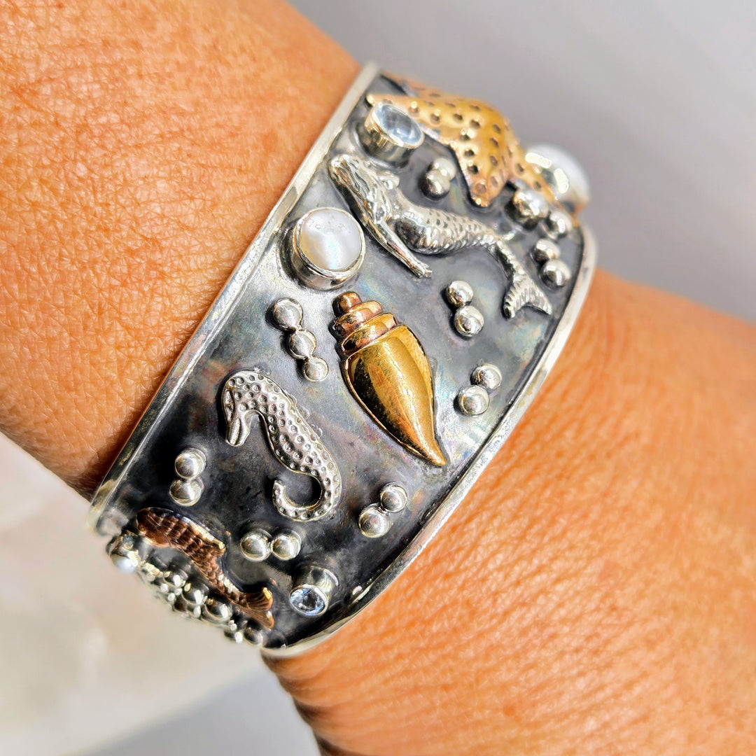 "Boticelli's Dream" Bracelet - Pearls, Topaz, Sterling, Bronze Accents