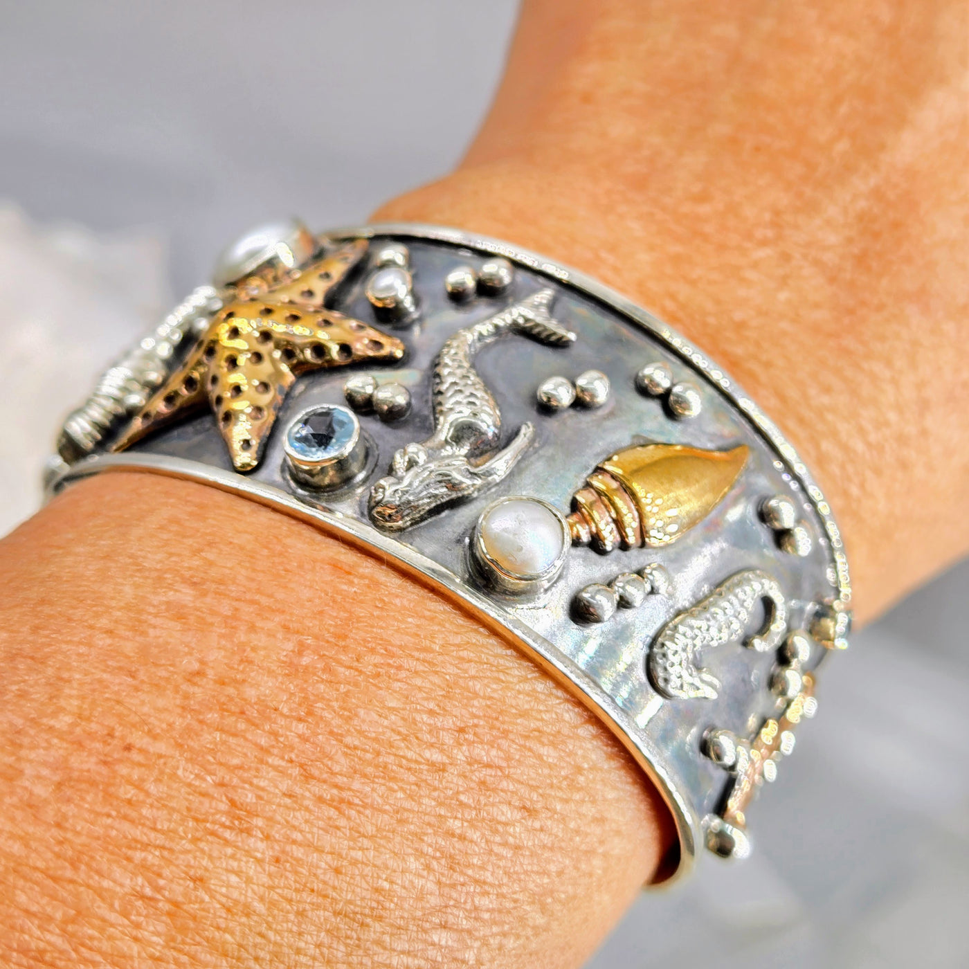 "Boticelli's Dream" Sz Med - Lg Bracelet - Pearls, Topaz, Sterling, Bronze Accents