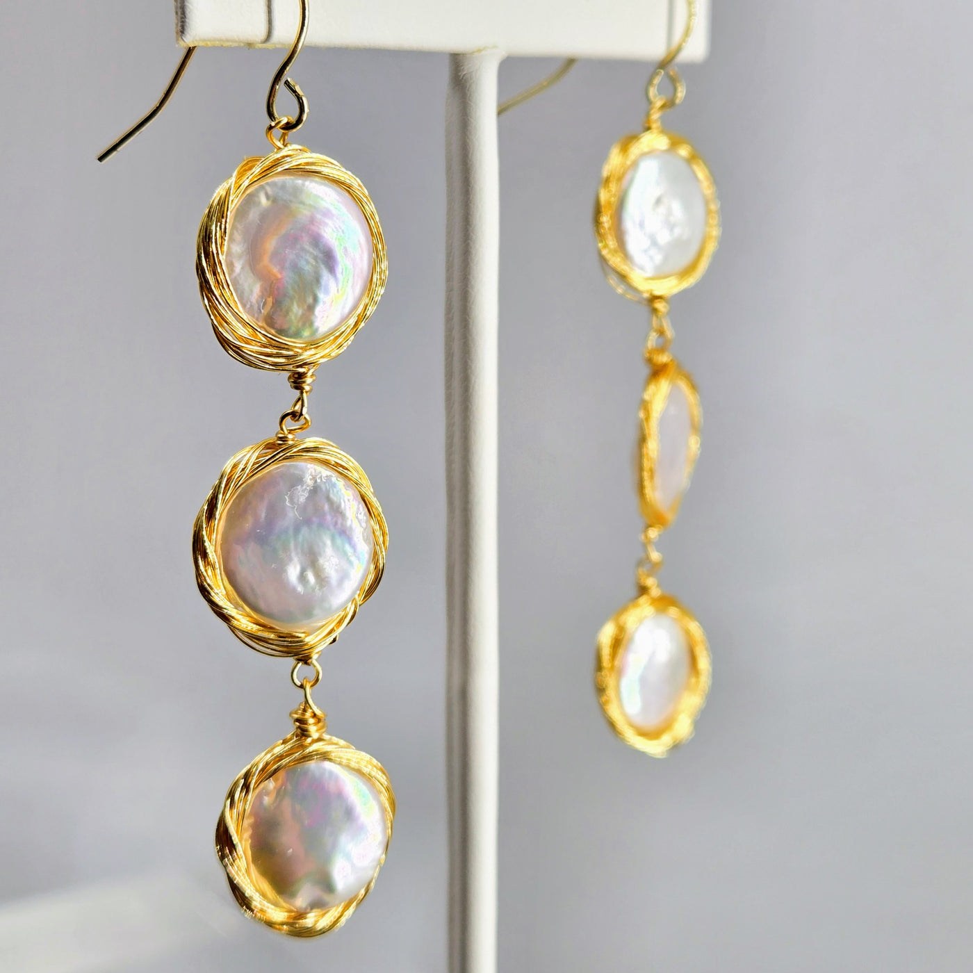 "3 Coins In A Fountain" 2" Earrings - Coin Pearl Gold Filled Wire Wrap