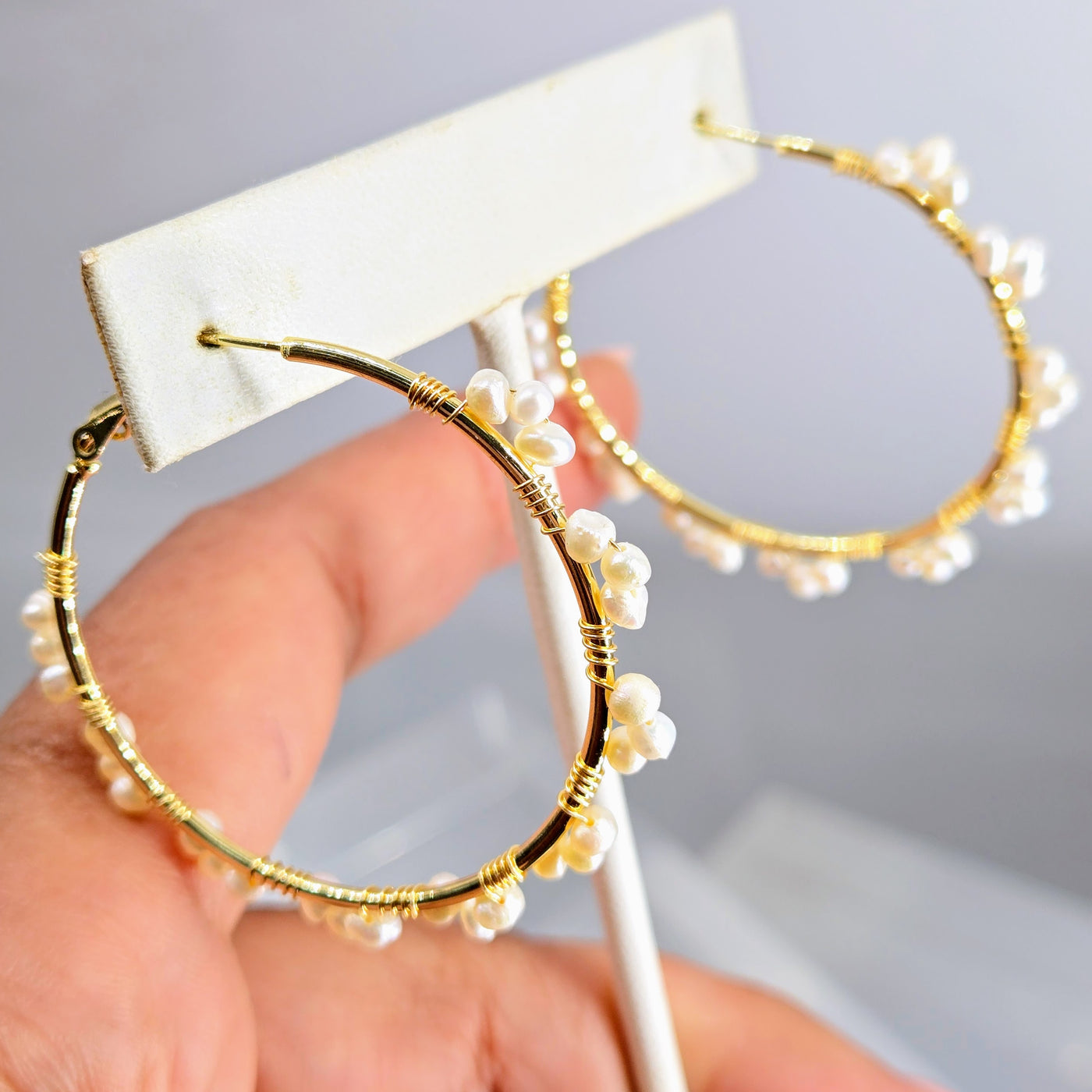 "Dotties" - 1.75" Gold Filled Hoop and Pearl Earrings