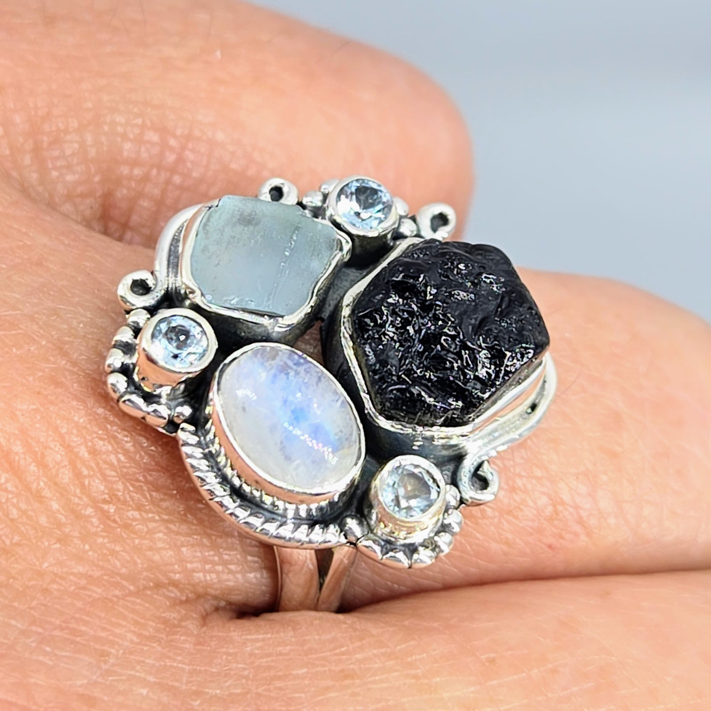 "My Blackness" Sz 8 Ring - Tourmaline, Moonstone,Topaz, Aquamarine, Sterling