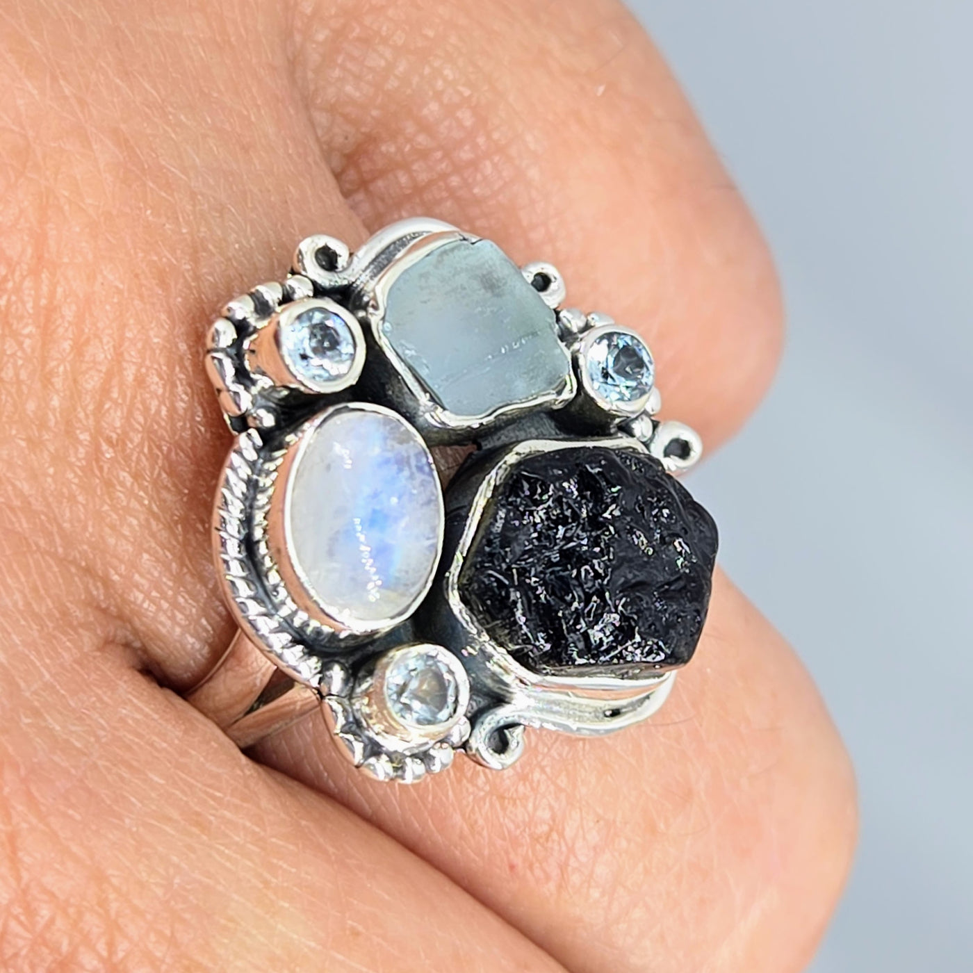 "My Blackness" Sz 8 Ring - Tourmaline, Moonstone,Topaz, Aquamarine, Sterling