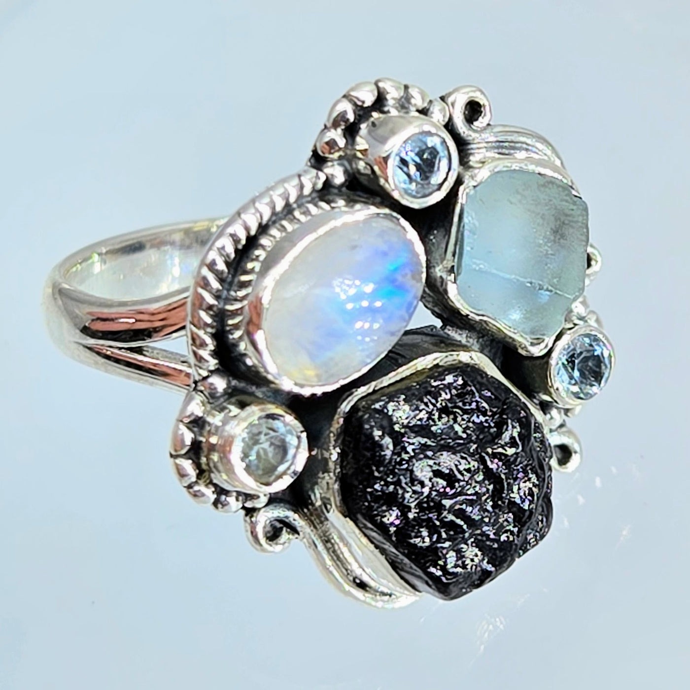 "My Blackness" Sz 8 Ring - Tourmaline, Moonstone,Topaz, Aquamarine, Sterling