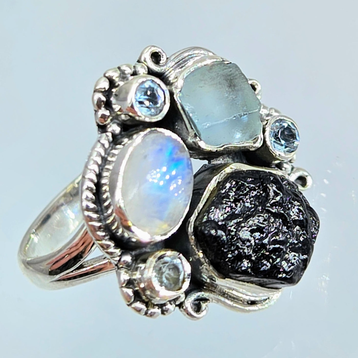 "My Blackness" Sz 8 Ring - Tourmaline, Moonstone,Topaz, Aquamarine, Sterling