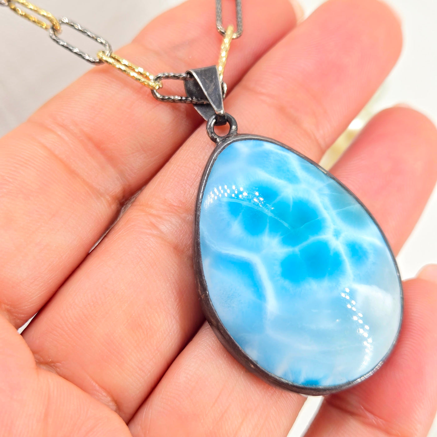 "Island Treasure" Pendant Necklace - Larimar, Black Sterling, 18k Gold