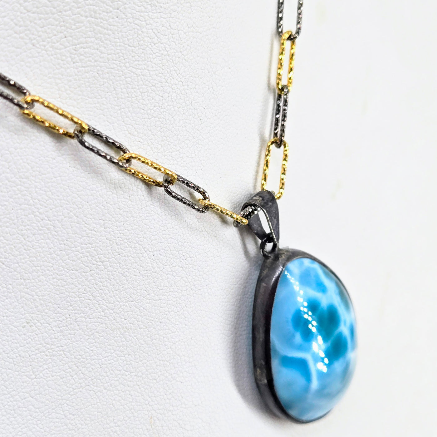 "Island Treasure" Pendant Necklace - Larimar, Black Sterling, 18k Gold