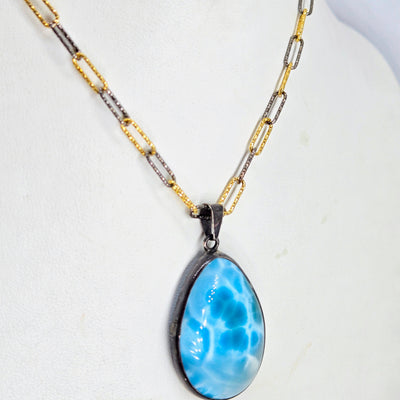 "Island Treasure" Pendant Necklace - Larimar, Black Sterling, 18k Gold