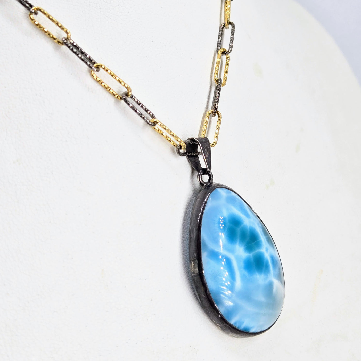 "Island Treasure" Pendant Necklace - Larimar, Black Sterling, 18k Gold