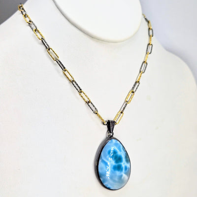 "Island Treasure" Pendant Necklace - Larimar, Black Sterling, 18k Gold