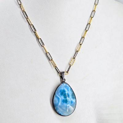 "Island Treasure" Pendant Necklace - Larimar, Black Sterling, 18k Gold