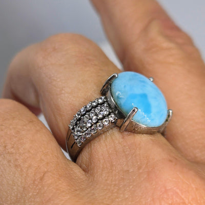 "Night Swim" Size 8.25 Ring - Larimar, White Zircon, Black Sterling