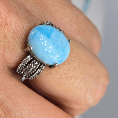 "Night Swim" Size 8.25 Ring - Larimar, White Zircon, Black Sterling