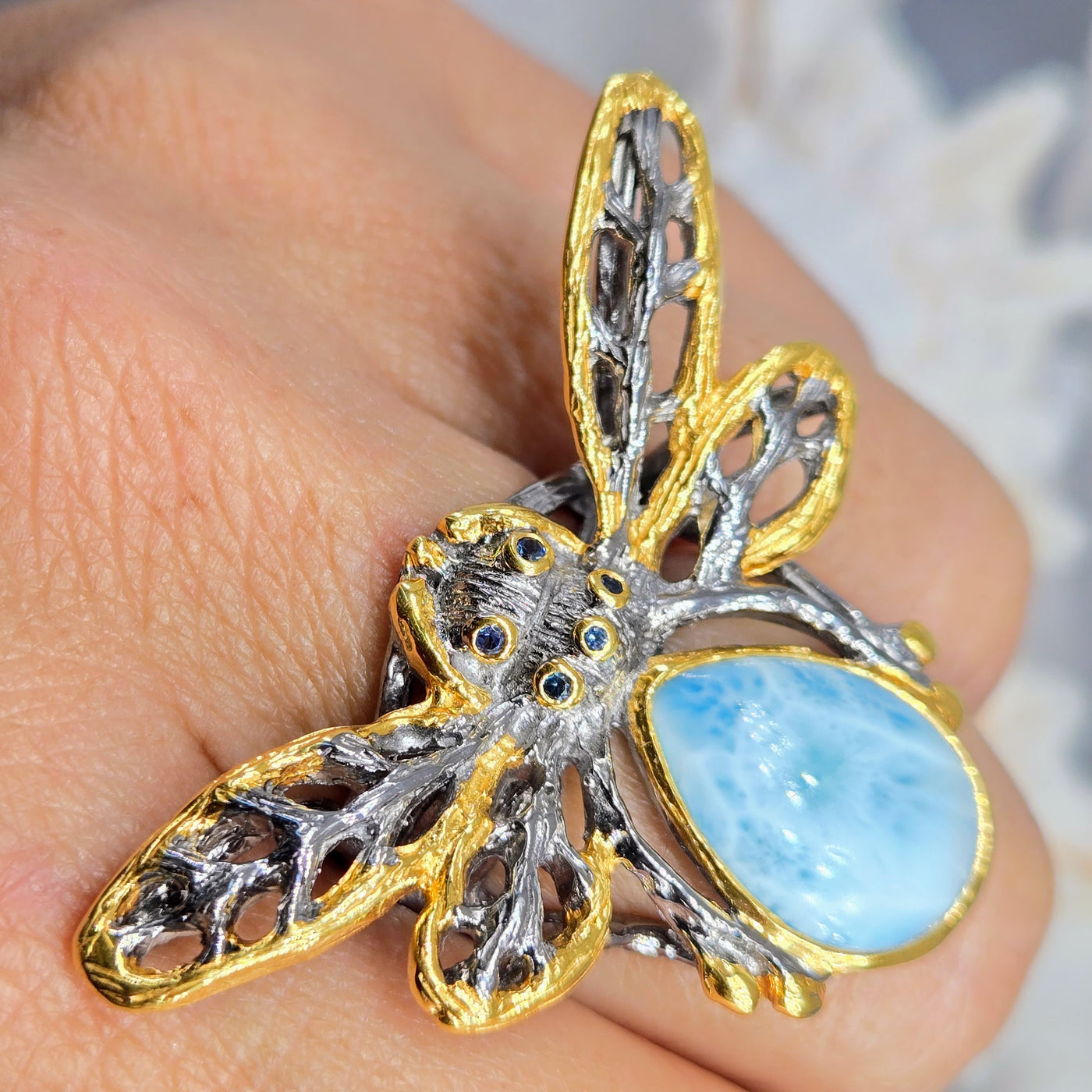 "Clarice!" Sz 8 Ring - Larimar, Sapphire, Black Sterling, 18k Gold