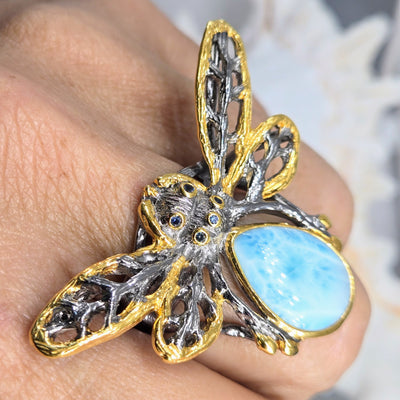 "Clarice!" Sz 8 Ring - Larimar, Sapphire, Black Sterling, 18k Gold