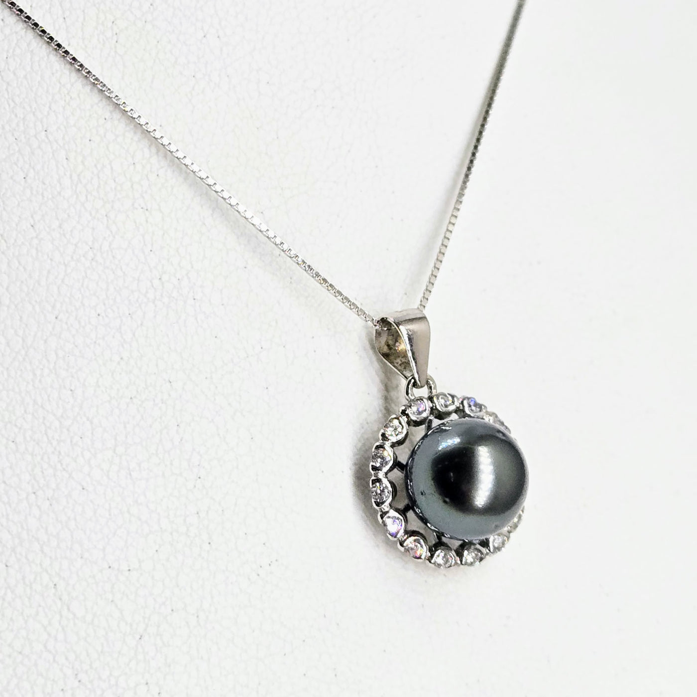 "Tahitian Treat #15" Pendant Necklace - Tahitian Pearl, Zircon Crystals, Anti-tarnish Sterling