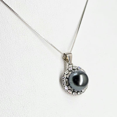 "Tahitian Treat #15" Pendant Necklace - Tahitian Pearl, Zircon Crystals, Anti-tarnish Sterling