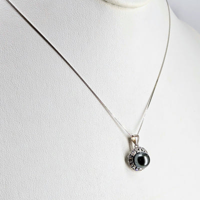 "Tahitian Treat #15" Pendant Necklace - Tahitian Pearl, Zircon Crystals, Anti-tarnish Sterling