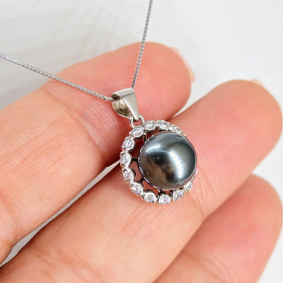 "Tahitian Treat #15" Pendant Necklace - Tahitian Pearl, Zircon Crystals, Anti-tarnish Sterling