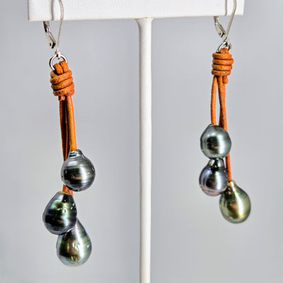 "Everyday Tahitians" 2.75" Earrings - Tahitian Pearls, Leather, Sterling