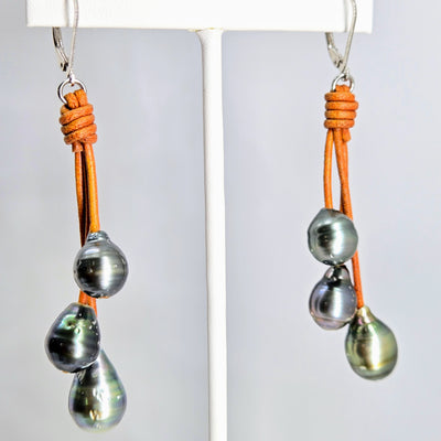 "Everyday Tahitians" 2.75" Earrings - Tahitian Pearls, Leather, Sterling