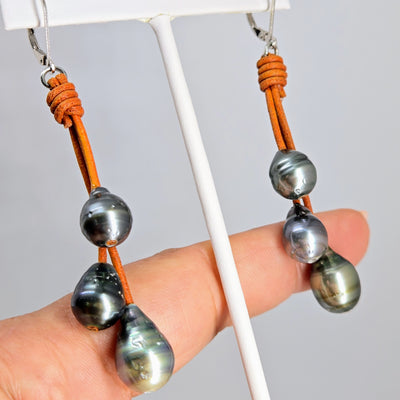 "Everyday Tahitians" 2.75" Earrings - Tahitian Pearls, Leather, Sterling