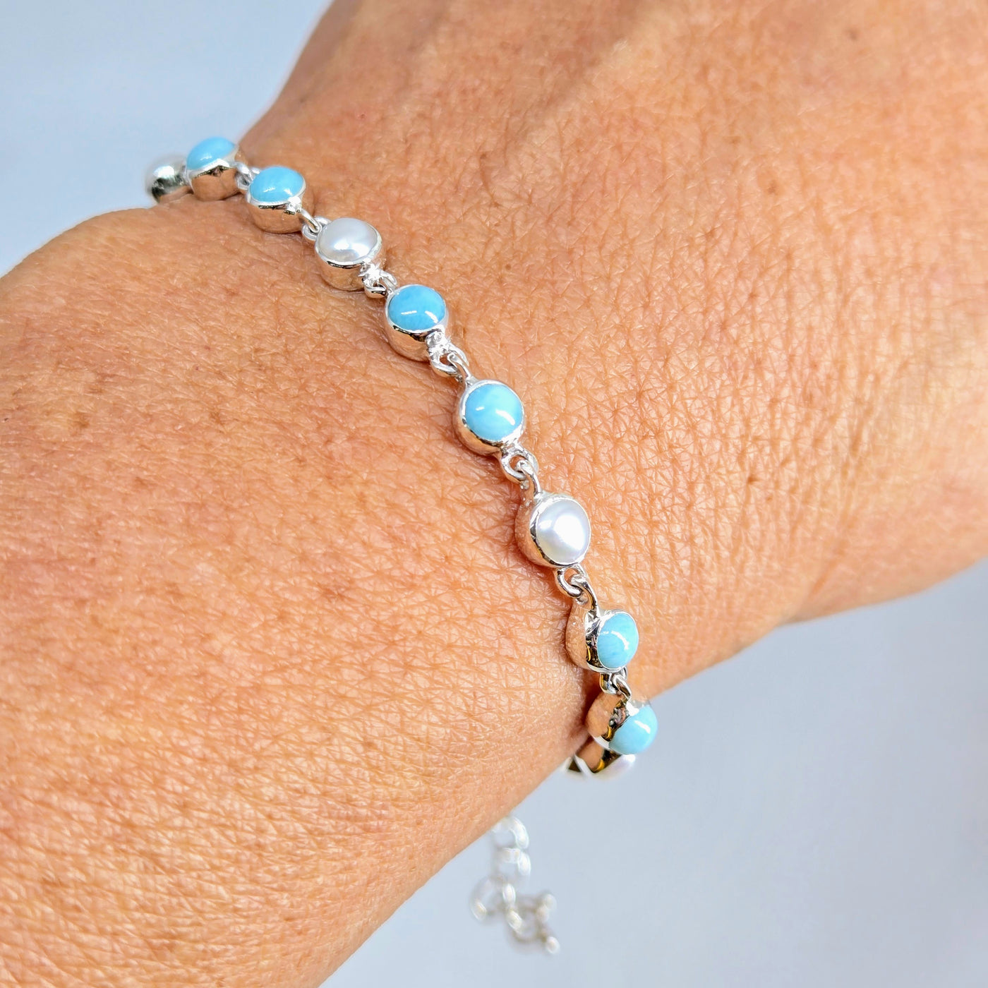 "Ocean Love Story" 6"- 8" Bracelet - Larimar, Pearls, Sterling