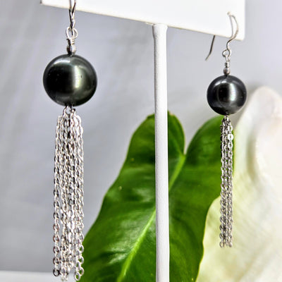 "Black Pearl Dancers" 2.75" Earrings - Tahitian Pearls, Anti-tarnish Sterling