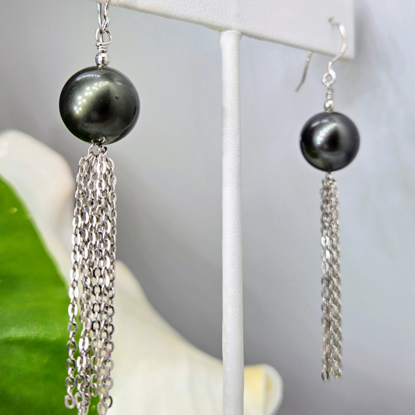 "Black Pearl Dancers" 2.75" Earrings - Tahitian Pearls, Anti-tarnish Sterling