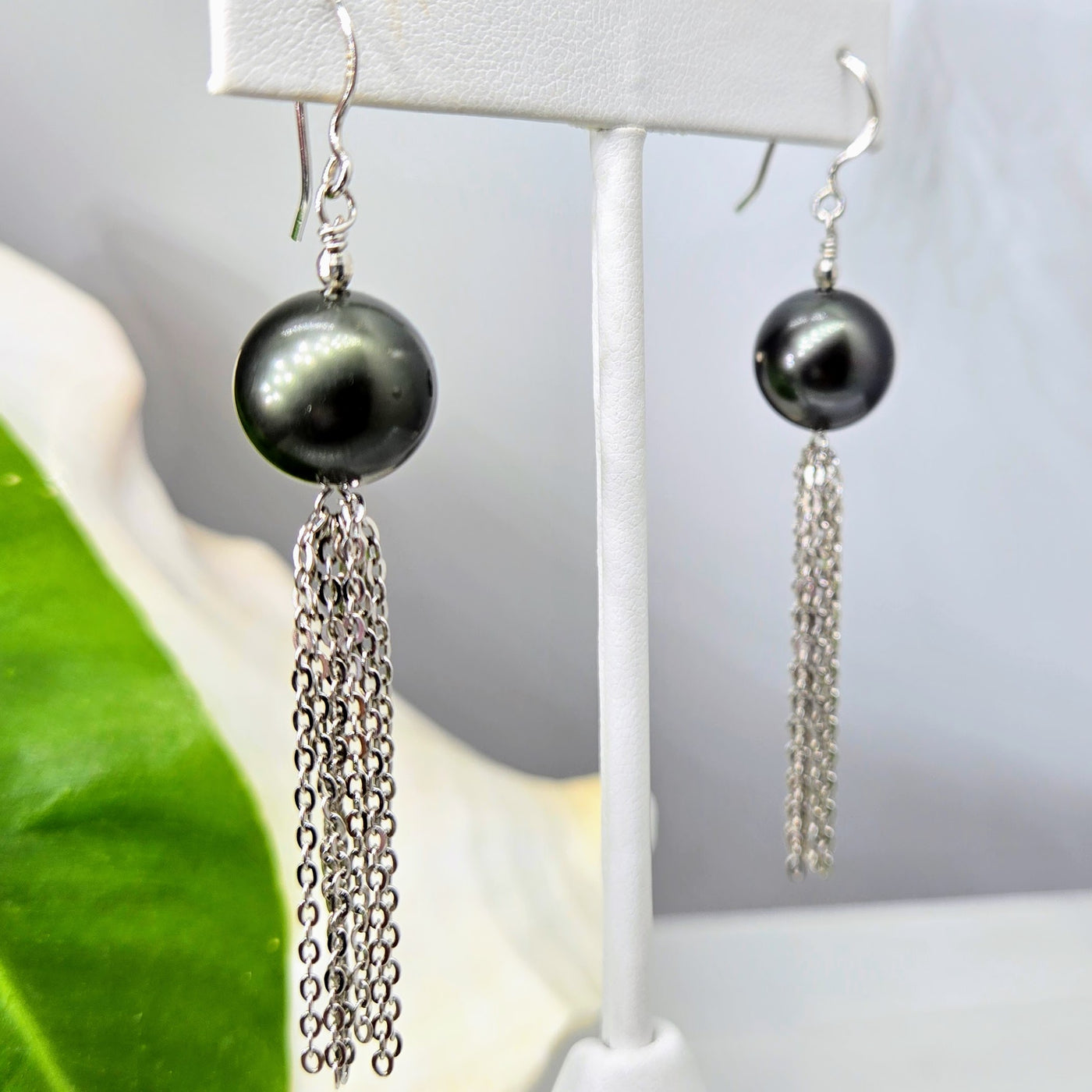 "Black Pearl Dancers" 2.75" Earrings - Tahitian Pearls, Anti-tarnish Sterling