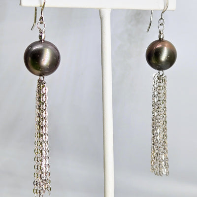 "Black Pearl Dancers" 2.75" Earrings - Tahitian Pearls, Anti-tarnish Sterling