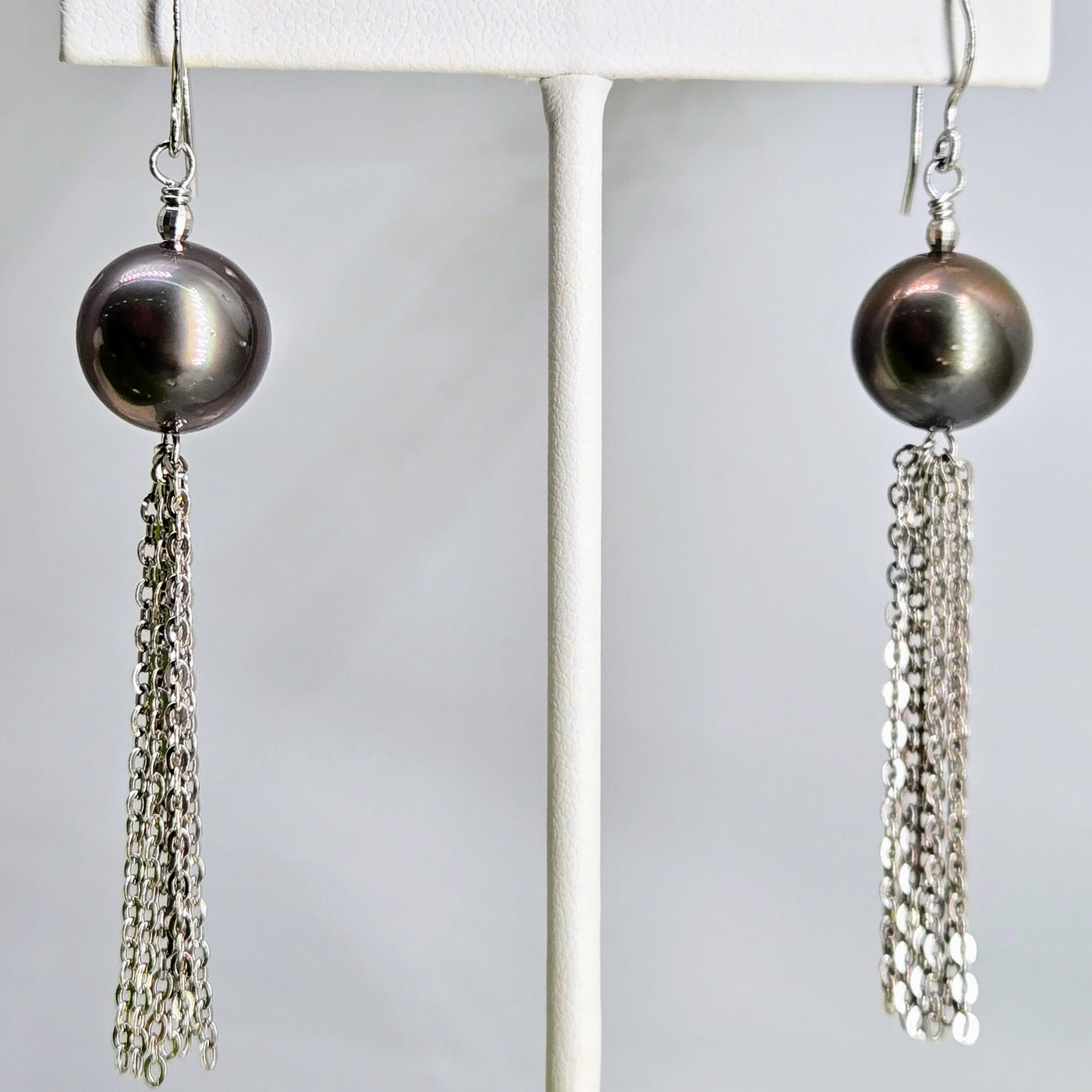 "Black Pearl Dancers" 2.75" Earrings - Tahitian Pearls, Anti-tarnish Sterling