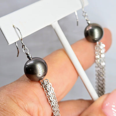 "Black Pearl Dancers" 2.75" Earrings - Tahitian Pearls, Anti-tarnish Sterling