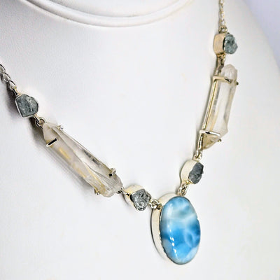 "Sea Song" Adj. Up To 19" Necklace - Aquamarine, Quartz, Larimar, Sterling, Pearl Finial