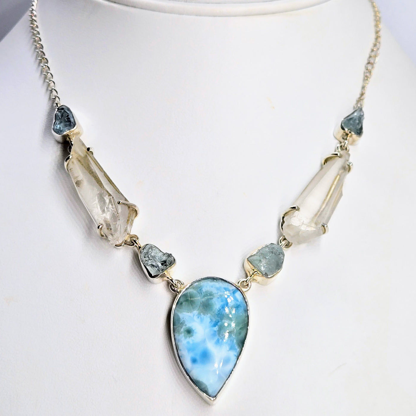 "Sea Song" Adj. Up To 19" Necklace - Aquamarine, Quartz, Larimar, Sterling, Pearl Finial