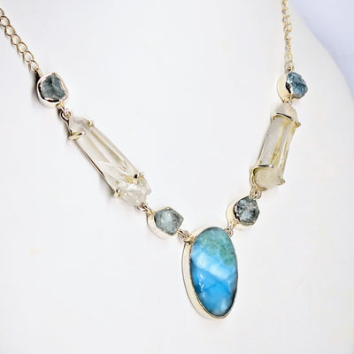 "Sea Song" Adj. Up To 19" Necklace - Aquamarine, Quartz, Larimar, Sterling, Pearl Finial