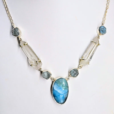 "Sea Song" Adj. Up To 19" Necklace - Aquamarine, Quartz, Larimar, Sterling, Pearl Finial