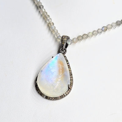 "Champagne & Moonbeams!" 16" - 18" Pendant Necklace - Blue-Flash Moonstone, Diamonds, Labradorite, Sterling