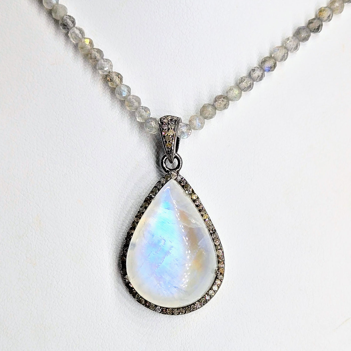 "Champagne & Moonbeams!" 16" - 18" Pendant Necklace - Blue-Flash Moonstone, Diamonds, Labradorite, Sterling