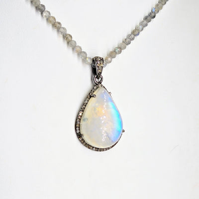 "Champagne & Moonbeams!" 16" - 18" Pendant Necklace - Blue-Flash Moonstone, Diamonds, Labradorite, Sterling