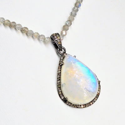 "Champagne & Moonbeams!" 16" - 18" Pendant Necklace - Blue-Flash Moonstone, Diamonds, Labradorite, Sterling