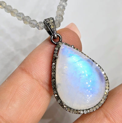 "Champagne & Moonbeams!" 16" - 18" Pendant Necklace - Blue-Flash Moonstone, Diamonds, Labradorite, Sterling