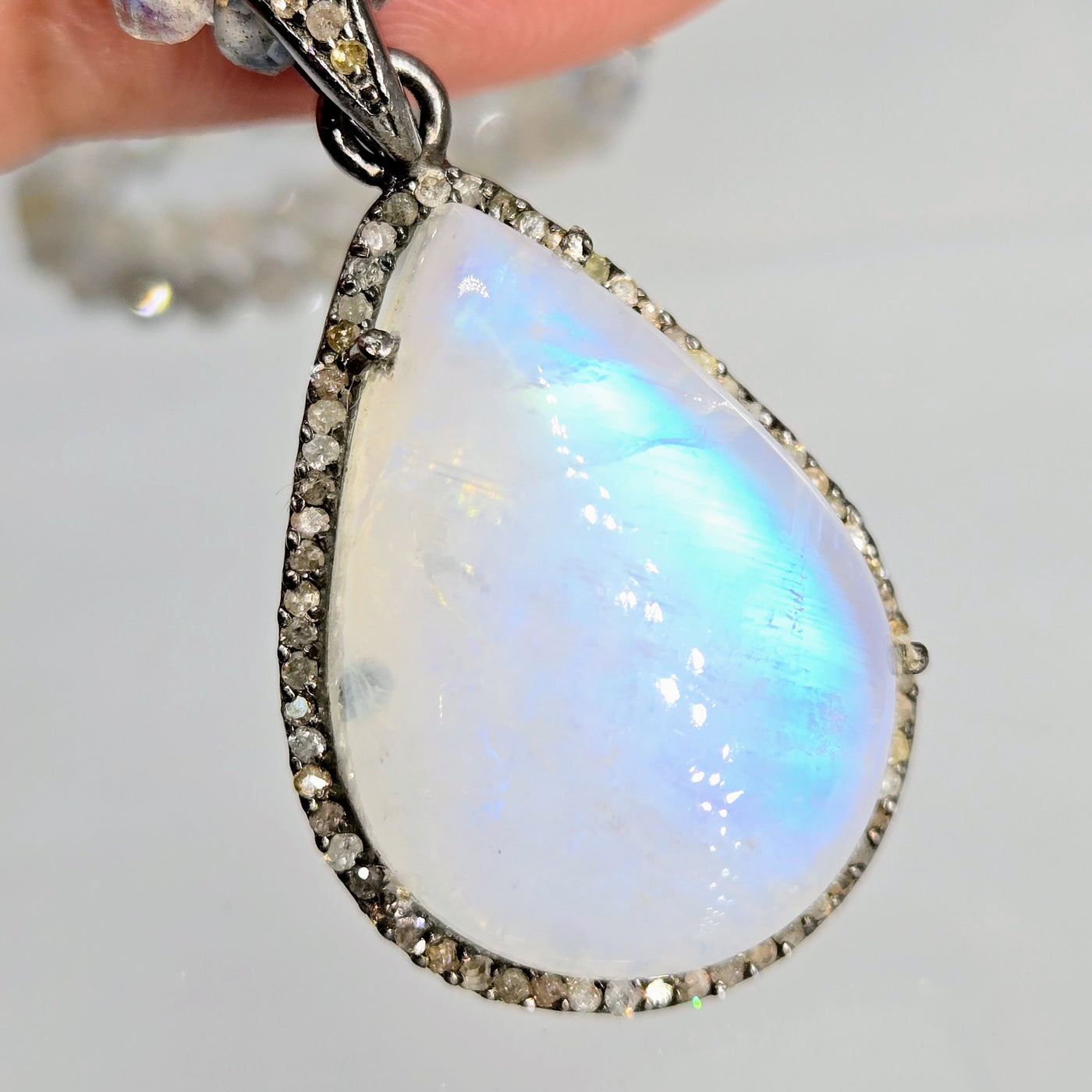 "Champagne & Moonbeams!" 16" - 18" Pendant Necklace - Blue-Flash Moonstone, Diamonds, Labradorite, Sterling