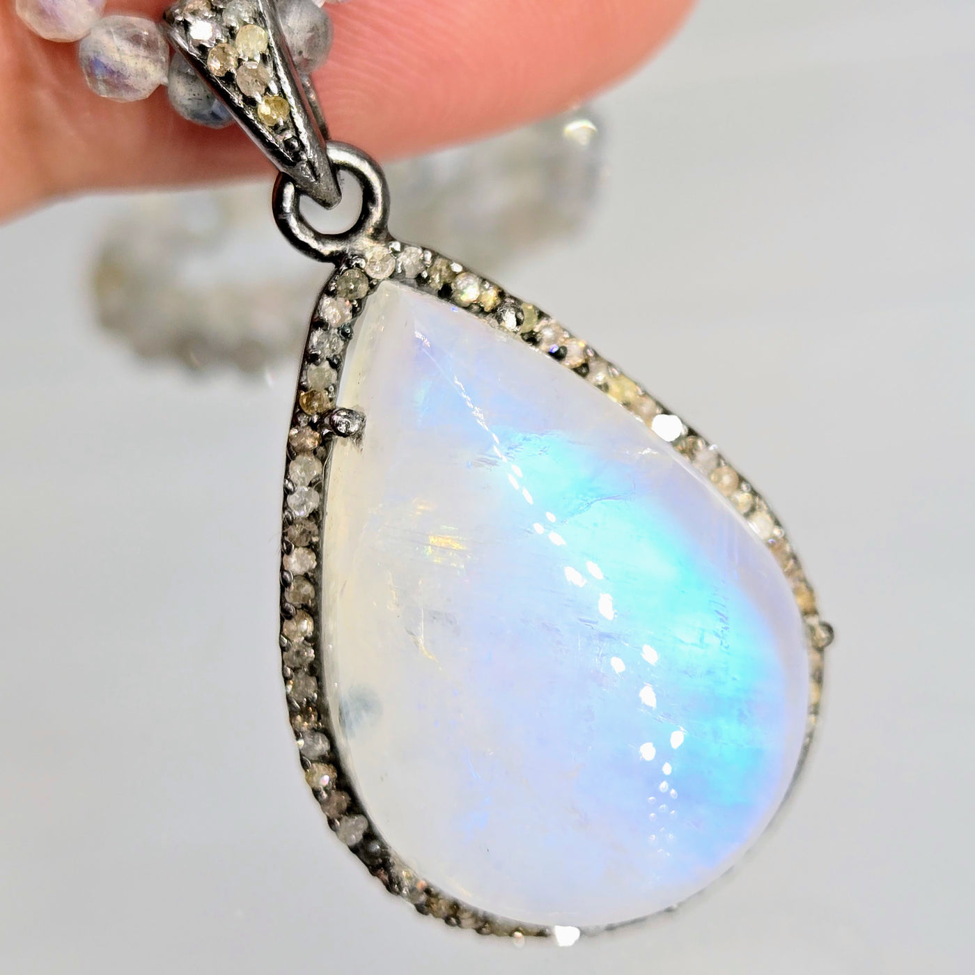 "Champagne & Moonbeams!" 16" - 18" Pendant Necklace - Blue-Flash Moonstone, Diamonds, Labradorite, Sterling