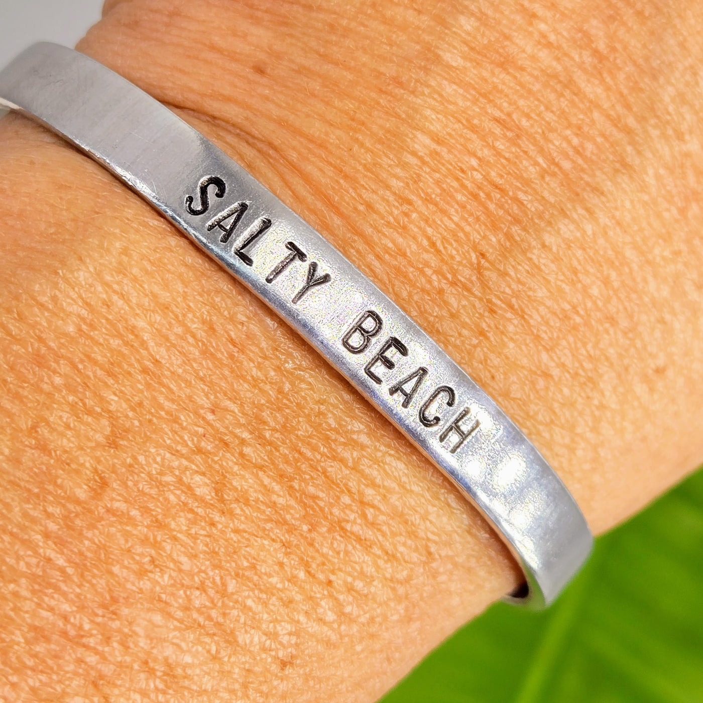 "Salty Beach!" - Cuff Bracelet - Hand-stamped, Non-Tarnishing Aluminum