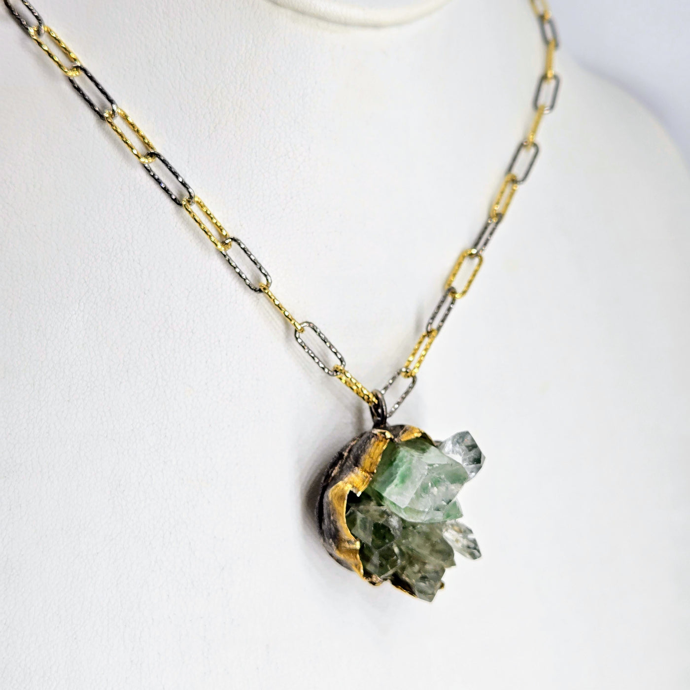 "Green Phantom" Pendant Necklace - Phantom Quartz, Black & 18k Gold Sterling